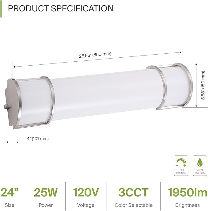 ASD LED 24" Vanity Flush Mount Light Fixture, Linear Bathroom Lighting Bar | 3CCT, Dimmable, Energy Star, ETL Listed | 25W 1950LM 3000-5000K 120V | Long Bath Wall Sconce Over Mirror | Nickel, 4 Pack
