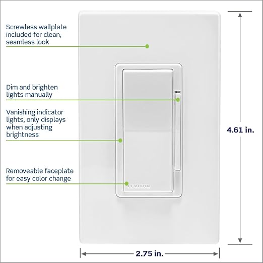 Leviton Decora Smart Dimmer Switch, Wi-Fi 2nd Gen, Neutral Wire Required, Works with Matter, Alexa, Google Assistant, Apple Home/Siri, Wired or Wireless 3-Way, D26HD-1RW, White (Pack of 2)