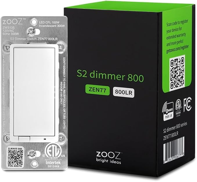 Zooz 800 Series Z-Wave Long Range S2 Dimmer Switch ZEN77 800LR, White | Simple Direct 3-Way and 4-Way Solution (Works with Regular Switches, No Aux Switch Needed) | Z-Wave Hub Required