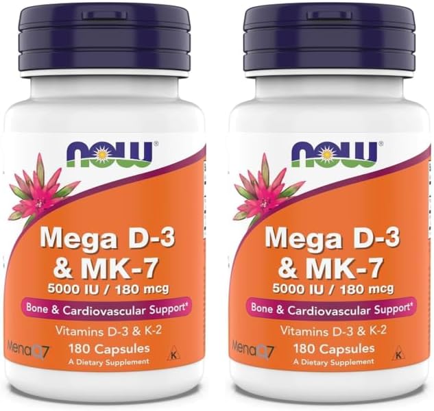 Now Foods, Mega D-3 & MK-7、5000 IU / 180 mcg、骨と心血管の健康をサポート*、ビタミンK-3 & K-2、180粒（2個パック）