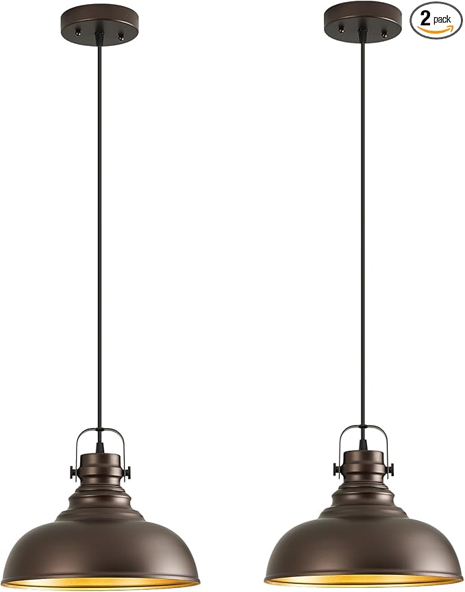 Refice 2 Packs Farmhouse Pendant Lights, Oil Rubbed Bronze Matte Pendant Lighting for Kitchen Island Industrial Adjustable Height Vintage Dome Hanging Light Fixtures for Barn, Dining Room