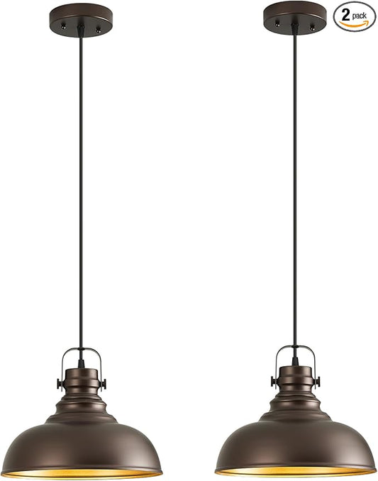 Refice 2 Packs Farmhouse Pendant Lights, Oil Rubbed Bronze Matte Pendant Lighting for Kitchen Island Industrial Adjustable Height Vintage Dome Hanging Light Fixtures for Barn, Dining Room