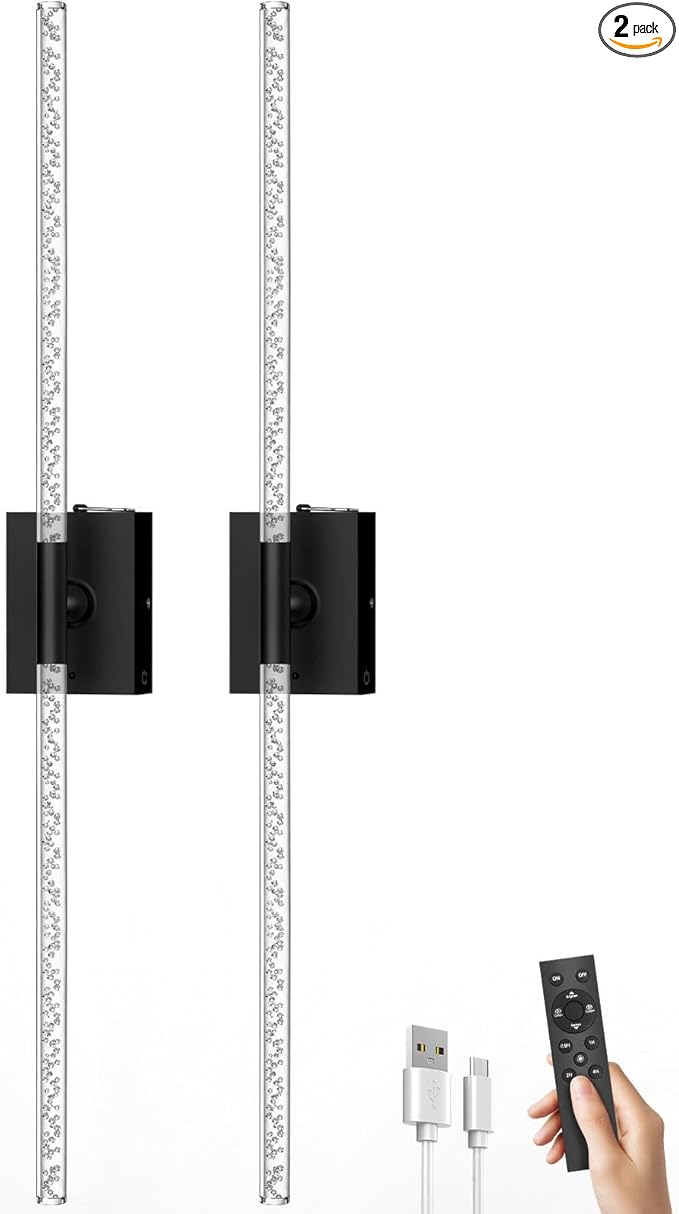 iThird Crystal Bubble Wall Sconces Set of 2: 10000mAh Rechargeable Wireless Lights with Remote & 360° Rotate, 4 Color Temps Dimmable, 31.5" Wall Lamp for Bedroom Living Room Mirror, Black