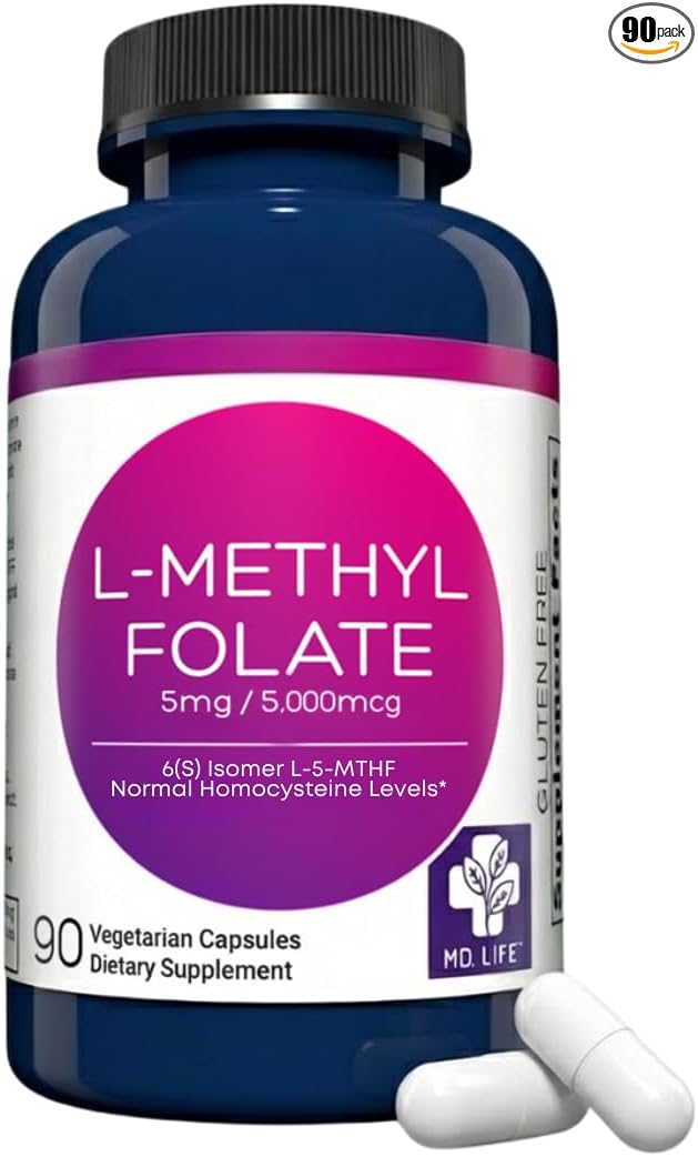 MD Life L-Méthylfolate 5mg - Supplément de Méthylfolate Actif de Qualité Professionnelle - Potentiel Maximal - Suppléments MTHFR - L-méthylfolate 5mg 90 Gélules - Acides Aminés Essentiels