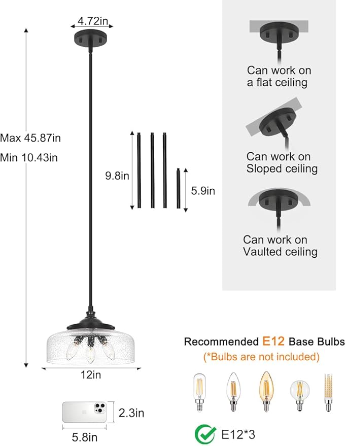 Black Vintage 3-Light Pendant Lights Kitchen Island, Adjustable Height Kitchen Island Lighting, Bathroom Pendant Light with Bubble Glass Shade- Dual Mount Ceiling & Hanging Fixtures with 90° Swivel