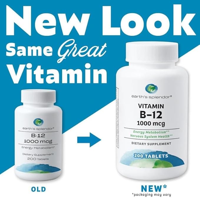 Compléments énergétiques Earth's Splendor, avec vitamine B12, sans colorant ni arôme artificiels, sans gluten, soutien du métabolisme énergétique (1000mcg, 200 comprimés)