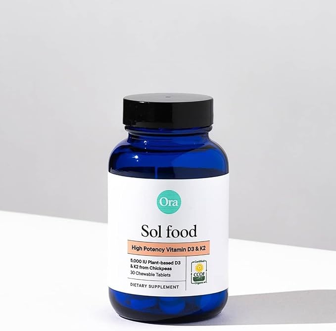 Ora Organic Vitamine D3 5000 UI + K2 - Vitamine D végétalienne issue du lichen et K2 issue des pois chiches pour la santé des os, le soutien immunitaire et l'humeur, absorption maximale - Fourniture d'un mois, 30 comprimés à croquer