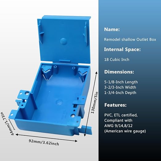 Blue Single Gang Shallow Old Work Box with Flanges and Adjustable Mounting Tabs,Non-Metallic,18 Cubic Inch,Shallow Switch & Outlet Box(1 Pack)