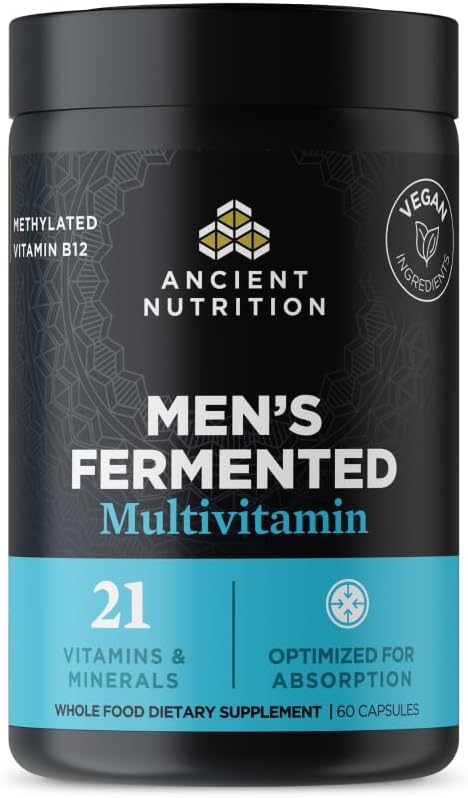 Multivitamines Ancient Nutrition pour Hommes, Multivitamines fermentées pour hommes avec Vitamines A, C, D, E, K méthylées, Zinc & Magnésium, Soutien immunitaire, Végétalien, 60 comprimés