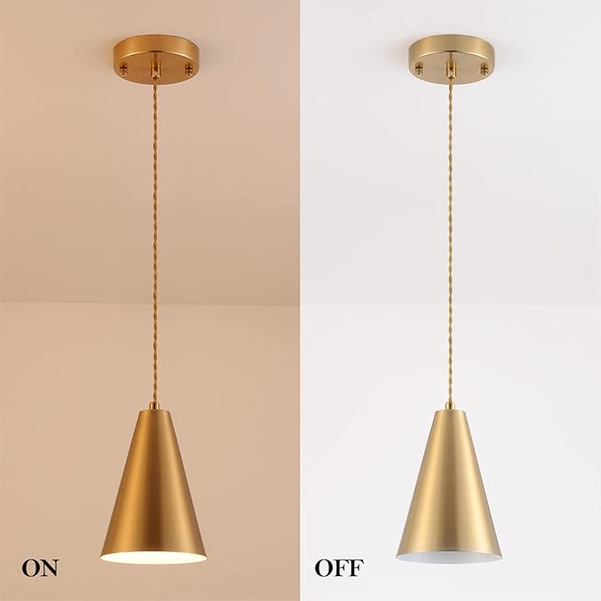 Dijiahua Brass Pendant Lights Kitchen Island,Gold Dining Room Light Fixtures Over Table with Cone Metal Shade, Modern Vintage Mini Chandeliers,Adjustable Cord Hanging Lighting for Bar,Sink.(1 Pack)