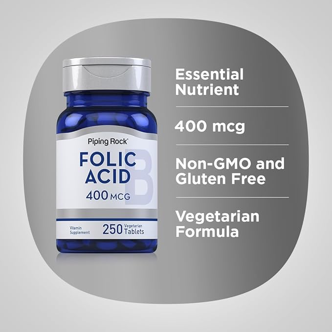 Piping Rock Folic Acid | 400mcg | 250 Vegetarian Tablets | Non-GMO, Gluten Free Supplement
