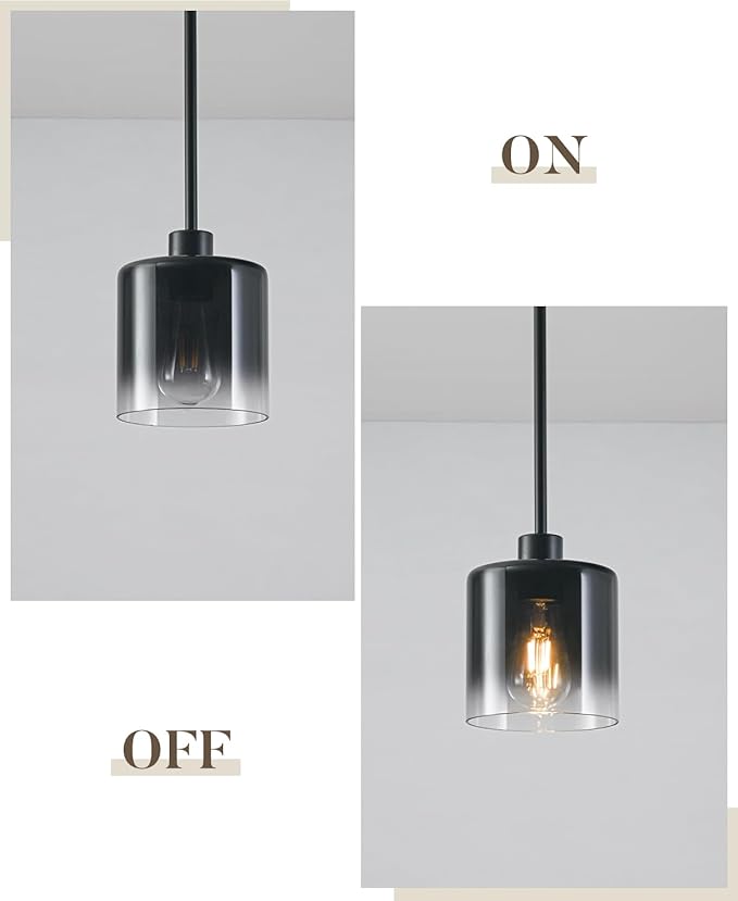 2-Pack Black Pendant Light Fixtures, Modern Pendant Lights for Kitchen Island with Adjustable Rods, Industrial Glass Pendant Lights for Dining Table Hallway Bedroom Living Room