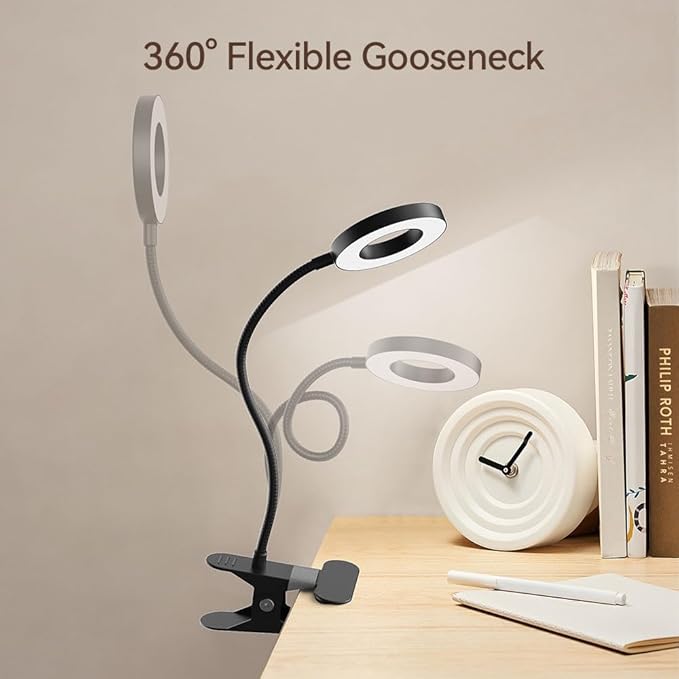 2 Pack LED Clip on Desk Lamp, Metal 360 Adjustable Neck Eye-Caring Clamp Lamp with Memory Function, 3 Color Modes & 10 Brightness Levels for Home, Office, Dorm, Bedroom