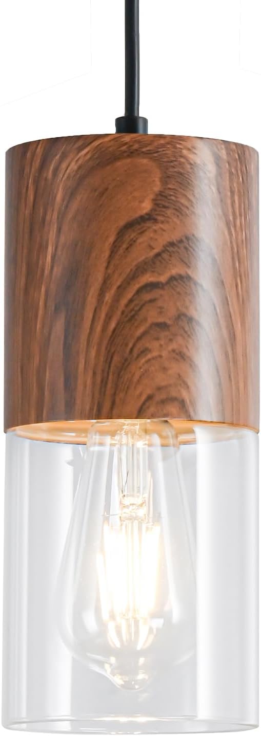 Modern Pendant Lights for Kitchen Island, Adjustable Pendant Light Fixtures with Brown Wood Grain, Industrial Clear Glass Pendant Lights for Dining Table Hallway Bedroom Living Room,1 Pack