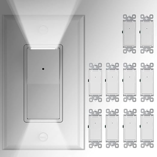 10 Pack SOZULAMP 3 Way Wall Light Switch with LED Night Light 15Amp 120/277Volt Rocker White Switch, Automatic On/Off Sensor
