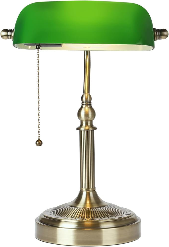 Glass Bankers Desk Lamp with Pull Chain Switch Plug in Fixture (Green-Simple, Simple Style)