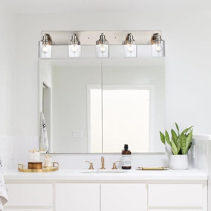 5 Light Indoor Vanity Lights with Clear Glass Shade,Black Bathroom Spotlight Fixture with Rotatable Light Head Metal Ceiling Light Fixture