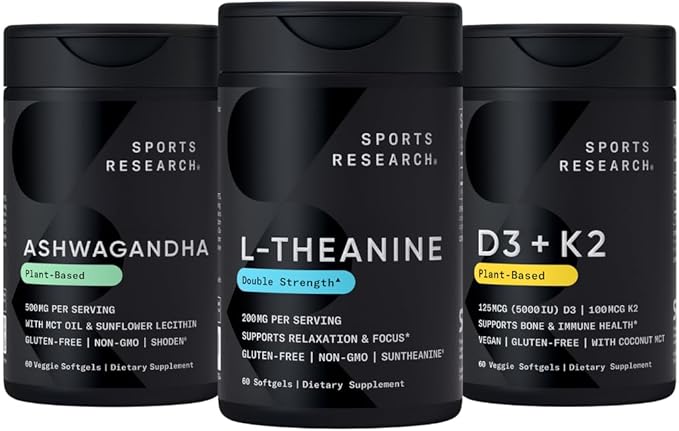 Sports Research Vitamine D3 K2 avec huile de coco, Ashwagandha Softgels avec huile de coco MCT et supplément de L-théanine double concentration - Softgels Suntheanine pour la concentration, la relaxation et la vigilance