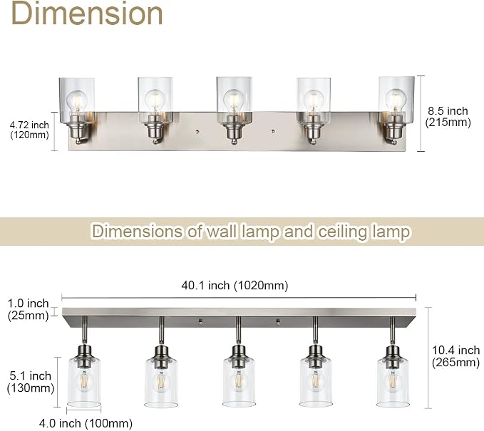 5 Light Indoor Vanity Lights with Clear Glass Shade,Black Bathroom Spotlight Fixture with Rotatable Light Head Metal Ceiling Light Fixture