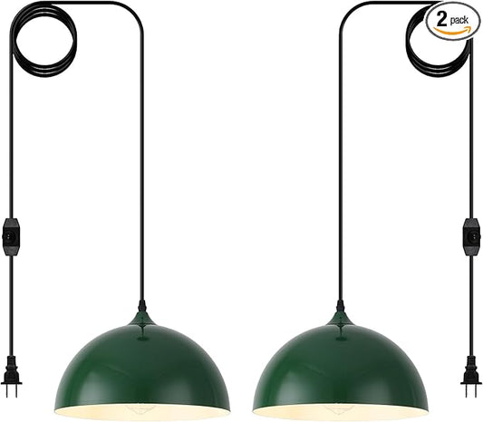 Green Plug in Pendant Light 2 Packs 11.8inch, Farmhouse Pendant Light, Kitchen Pendant Light, Pendant Lights Kitchen Island, Hanging Lights with Plug in Cord for Kitchen 14.7 ft