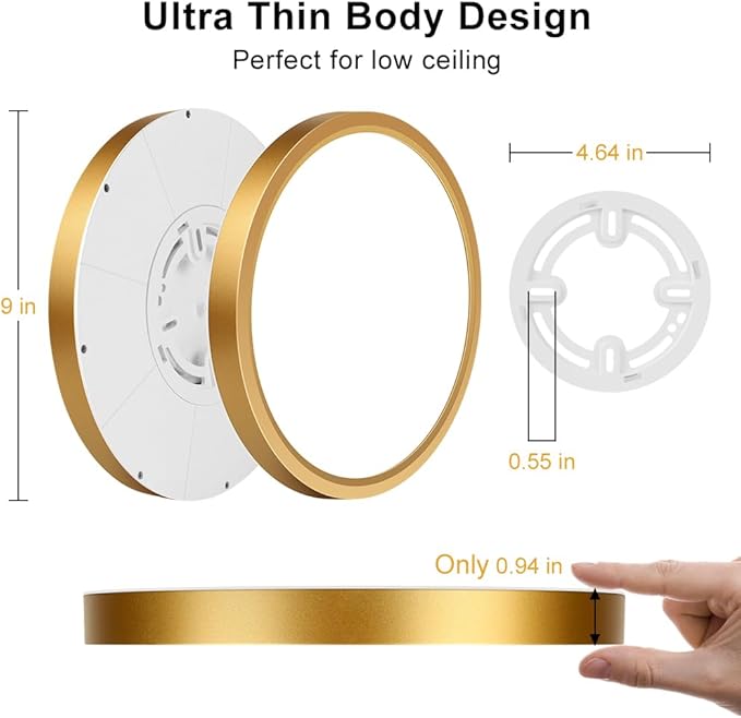 9 Inch Gold LED Flush Mount Ceiling Light, 18W 1800LM 3000K Warm White, Low Profile Round LED Ceiling Light Fixture for Bedroom, Closet, Hallway, Stairwell, Kitchen, Porch (2 Pack)