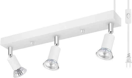 Plug in Track Lighting Kit 3 Light, White Track Light Fixture with Switch and Cord, Adjustable Spotlight Track Head for Kitchen Closet Gallery Wall Wash, Modern Linear Ceiling Light Bar,15ft Cord