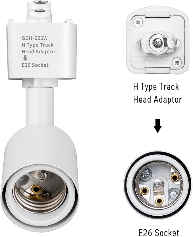 mirrea H Type Track Lighting Head to E26 Medium Screw Base Adapter Light Direction Adjustable Pack of 6 (White)