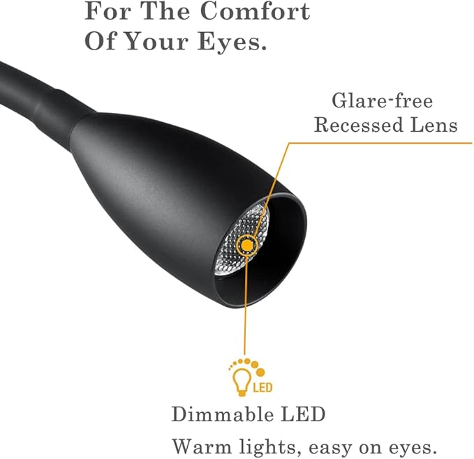 12V Dimmable Reading Light, RV Boat Bedside Reading Lamp, LED Spotlight for Camper Van Travel Trailer Truck Motorhome, Equipped USB Charger & Press Dimmer Switch (Matte Black)
