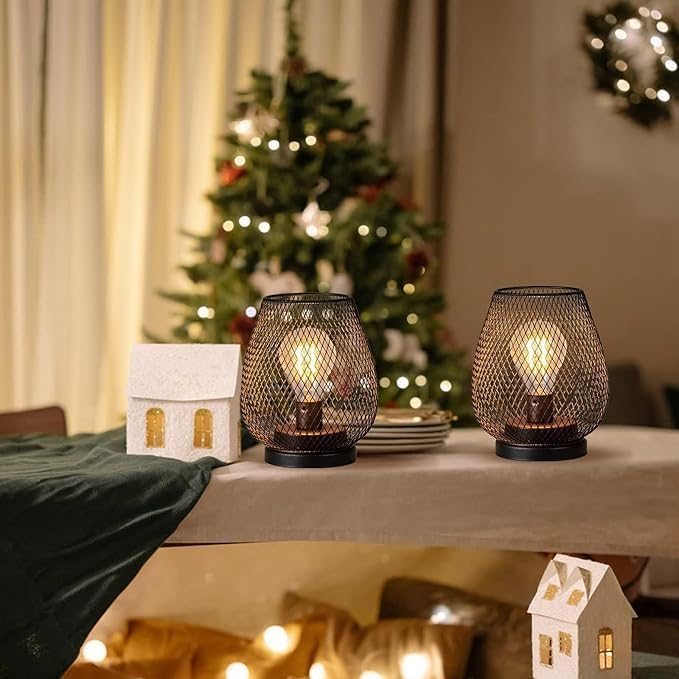 Set of 6 Battery Operated Lamp LED Table Lantern, Brown Metal Cage Cordless Lamps with LED Bulb，Vintage Decorative Outdoor Lantern for Weddings, Parties, Patio, Events for Indoors Shelf Decor