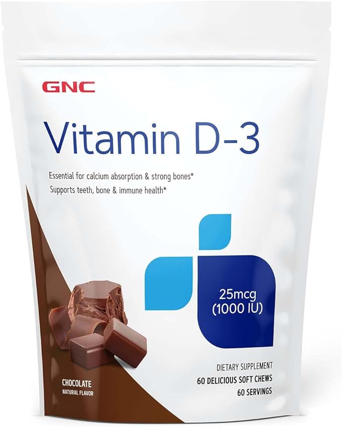 GNC Vitamine D-3 Chews tendres 1000UI - Chocolat | Apporte 125 % de la valeur quotidienne en vitamine D | 60 Chews tendres