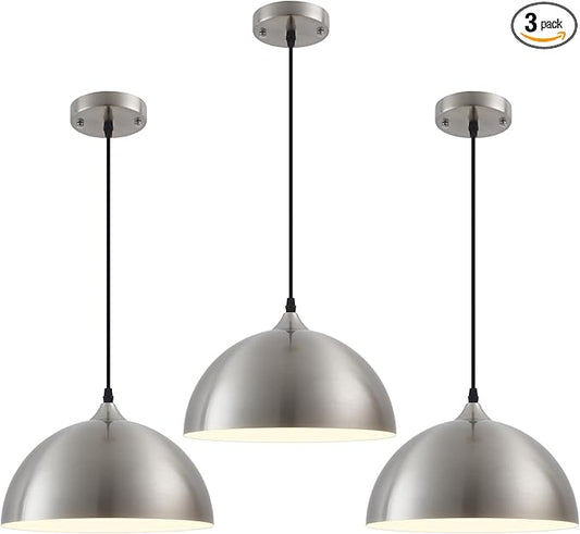 Brushed Nickel Pendant Light Kitchen Island 3 Pack, 11.8" Farmhouse Pendant Lights,Dome Pendant Light for Bedroom Dining Room Sink Hallway Foyer Barn Cafe