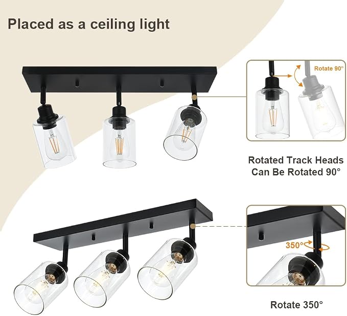 3 Light Metal Bathroom Lighting in Black Finish Interior Wall Mounted Lights Multi-Directional Rotating Metal Ceiling Mount Fixture with Clear Glass Industrial Spotlight for Kitchen Foyer
