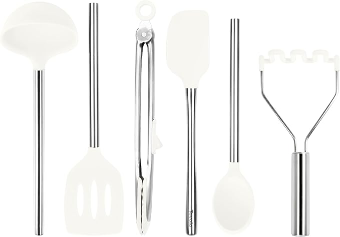 Tovolo Silicone Cooking Utensil Set of 6 Stainless Steel Handle Ladle Slotted Turner Tongs Flex Core Spatula Scraper Mixing Spoon & Potato Masher, Dishwasher Safe BPA Free Utensils, White