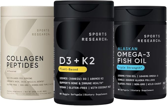 Pack Bien-être Corporel Sports Research - Vitamine D3 5000 UI + K2 100 mcg, Huile de Poisson Oméga-3 1250, et Peptides de Collagène Biologiques