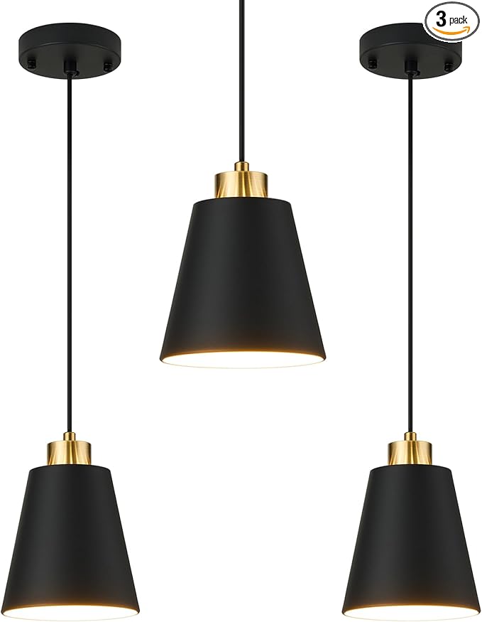 3-Pack Matte Black Pendant Lights Metal Cone Kitchen Island Pendant Lighting with Gold Modern Hollow Shade Hanging Light Fixture for Dining Room Bar Hallway 63" Adjustable Cord