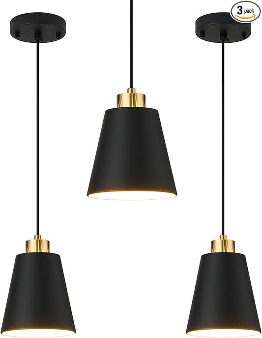 3-Pack Matte Black Pendant Lights Metal Cone Kitchen Island Pendant Lighting with Gold Modern Hollow Shade Hanging Light Fixture for Dining Room Bar Hallway 63" Adjustable Cord