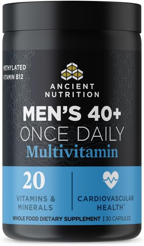 Ancient Nutrition Multivitamine pour hommes, supplément de vitamines quotidiennes Multi Hommes 40+, magnésium, vitamine A, vitamine B méthylée et K2, soutient le système immunitaire, 30 comprimés