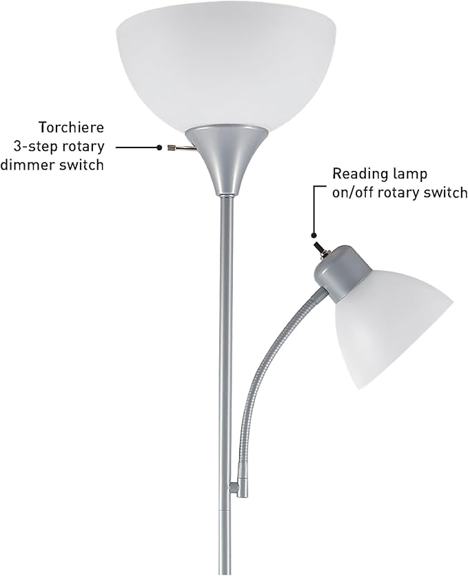 GLOBE Electric 67134 72" Torchiere Floor Lamp and Adjustable Reading Light, Silver, Frosted Shade, Dual Rotary Switch, 3-Step Dimming, Modern Lighting for Living Room or Office, Timeless (Pack of 2)
