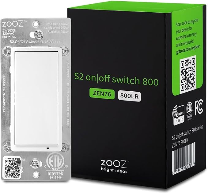 Zooz 800 Series Z-Wave Long Range S2 On Off Switch ZEN76 800LR, White | Simple Direct 3-Way and 4-Way Solution (Works with Regular Switches, No Aux Switch Needed) | Z-Wave Hub Required