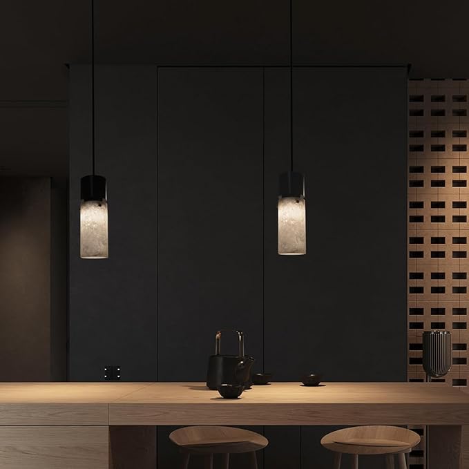 Alabaster Pendant Light for Kitchen Island,Natural Stone Island Pendant Light,Modern Black Pendant Lamp with Marble Shade,Durable Aluminum,Chandelier for Bedroom Beside,Countertop,Living Room,GU10