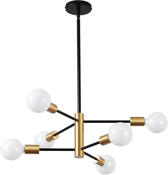 KAISITE Modern Sputnik Chandelier - 6 Light Chandelier with Height Adjustment, Black and Gold Finish for Kitchen, Bedroom and Foyer