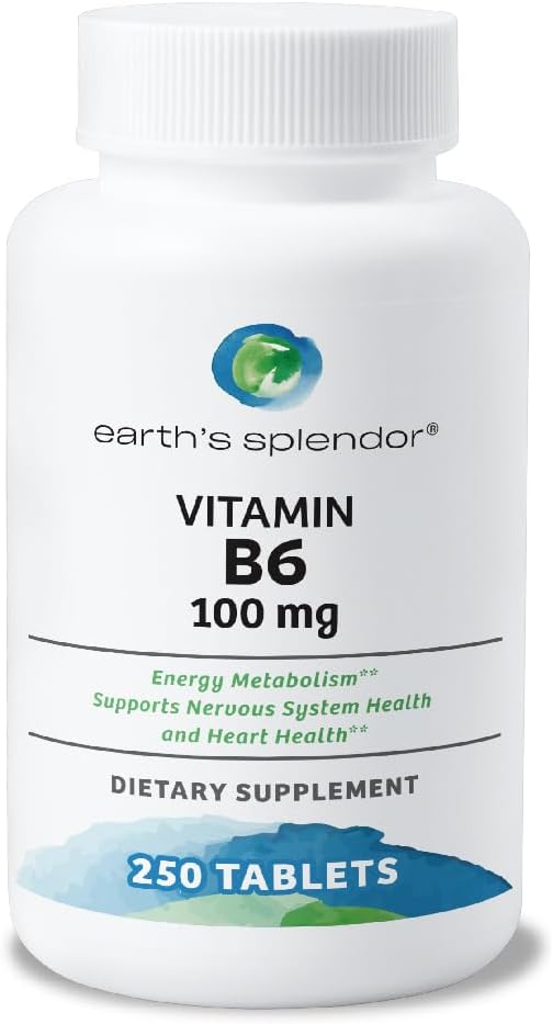Earth's Splendor Complément Énergétique Vitamine B6 pour Hommes et Femmes, Sans Colorants Ni Conservateurs Artificiels, Sans OGM, Soutient le Métabolisme Énergétique et la Production de Globules Rouges (100mg, 250 Comprimés)
