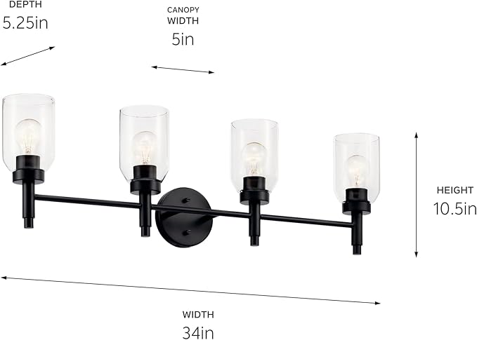 Kichler Madden 4-Light Bathroom Vanity Light Fixture with Clear Glass in Black, Modern Wall Mount Over Mirror for Single or Double Vanity (10.5" x 34"), 55186BK