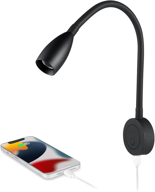 12V Dimmable Reading Light, RV Boat Bedside Reading Lamp, LED Spotlight for Camper Van Travel Trailer Truck Motorhome, Equipped USB Charger & Press Dimmer Switch (Matte Black)