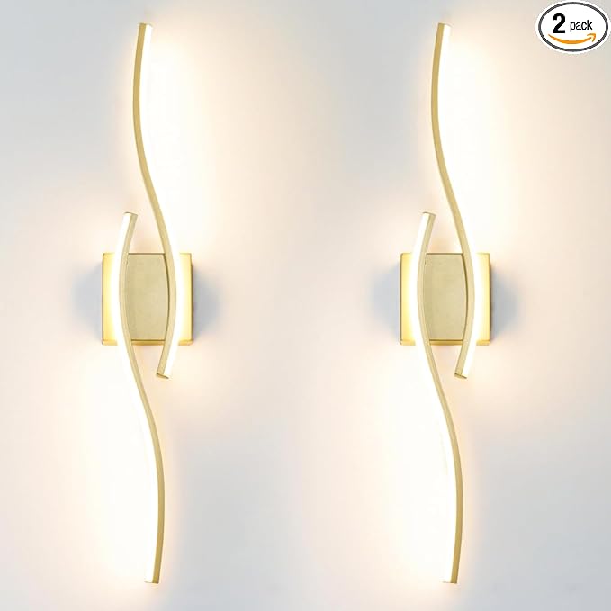 Daunton Modern Gold Wall Light Fixture Set of 2, RC Dimmable LED Wall Light Indoor, LED Wall Decor for Hallway Bedroom Living Room, Hardwired Wall Sconce with Remote Control, 27.56" in, Timer, Memory