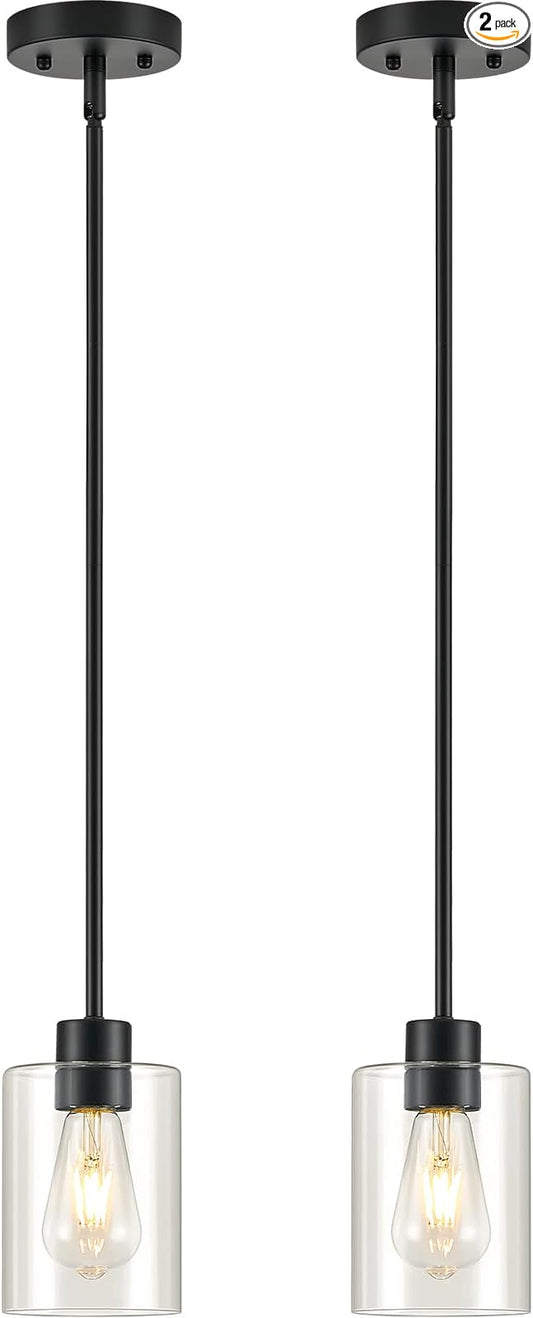 Modern Farmhouse Black Pendant Lights, Mini Hanging Light Fixture with Clear Glass Shade, Adjustable Rods for Kitchen Island, Sink, Bar (2 Pack)