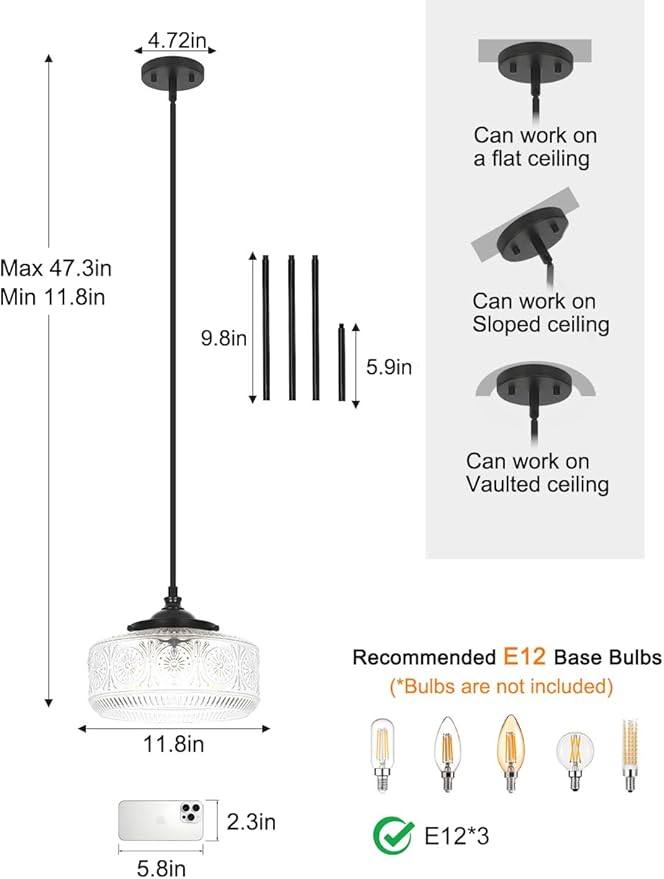 Modern 3 Lights Drum Pendant Light with Etched Glass Shade, Adjustable Height Black Pendant Lights Kitchen Island, Chandelier for Dining Room, Bedroom, Hallway, Bathroom, E12 Base, Bulbs Not Included
