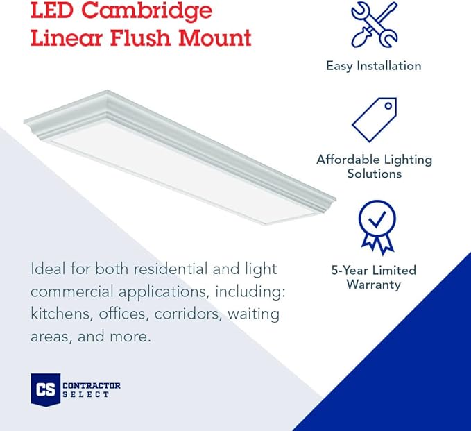 Lithonia Lighting Cambridge 4 Foot LED Kitchen Light Fixture, Linear Flush Mount Ceiling Light Fixture, 4000K Cool White, 3300 Lumens, 120 Volts, 39 Watts, Damp Listed, White (FMFL 30840 CAML WH)