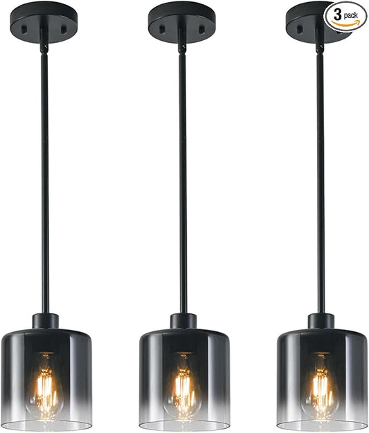 3-Pack Black Pendant Light Fixtures, Modern Pendant Lights for Kitchen Island with Adjustable Rods, Industrial Glass Pendant Lights for Dining Table Hallway Bedroom Living Room