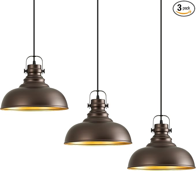 Refice 3 Packs Farmhouse Pendant Lights, Oil Rubbed Bronze Pendant Lighting, lsland Pendant Lights for Kitchen lsland lndustrial Adjustable Height Dome Hanging Lights for Barn, Dining Room